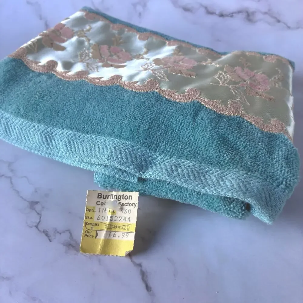 Vintage 1980s After Bath Luxury 4 Pc Towel Set Seafoam Floral Satin NOS